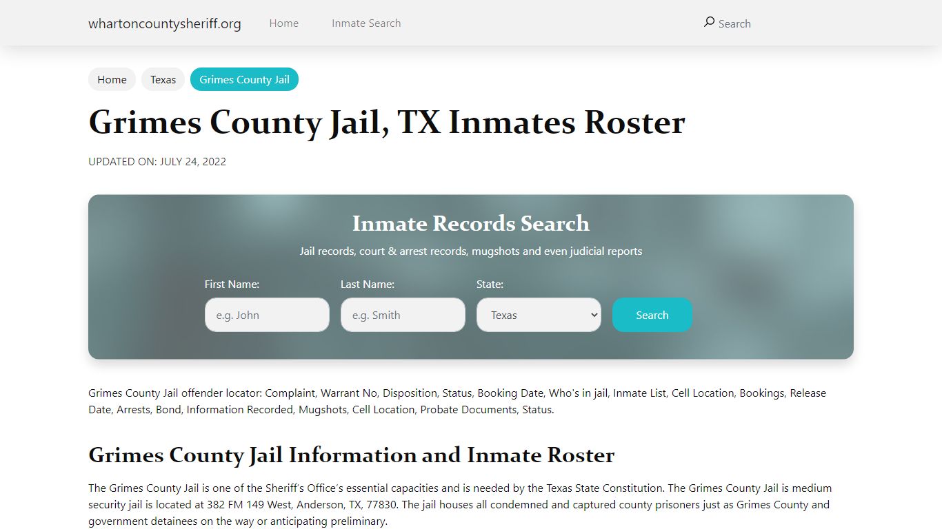 Grimes County Jail, TX Jail Roster, Name Search